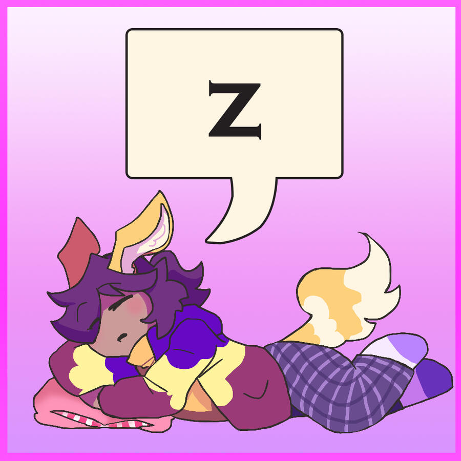 An anthropomorphic rabbit sleeps with their left arm tucked under their head.