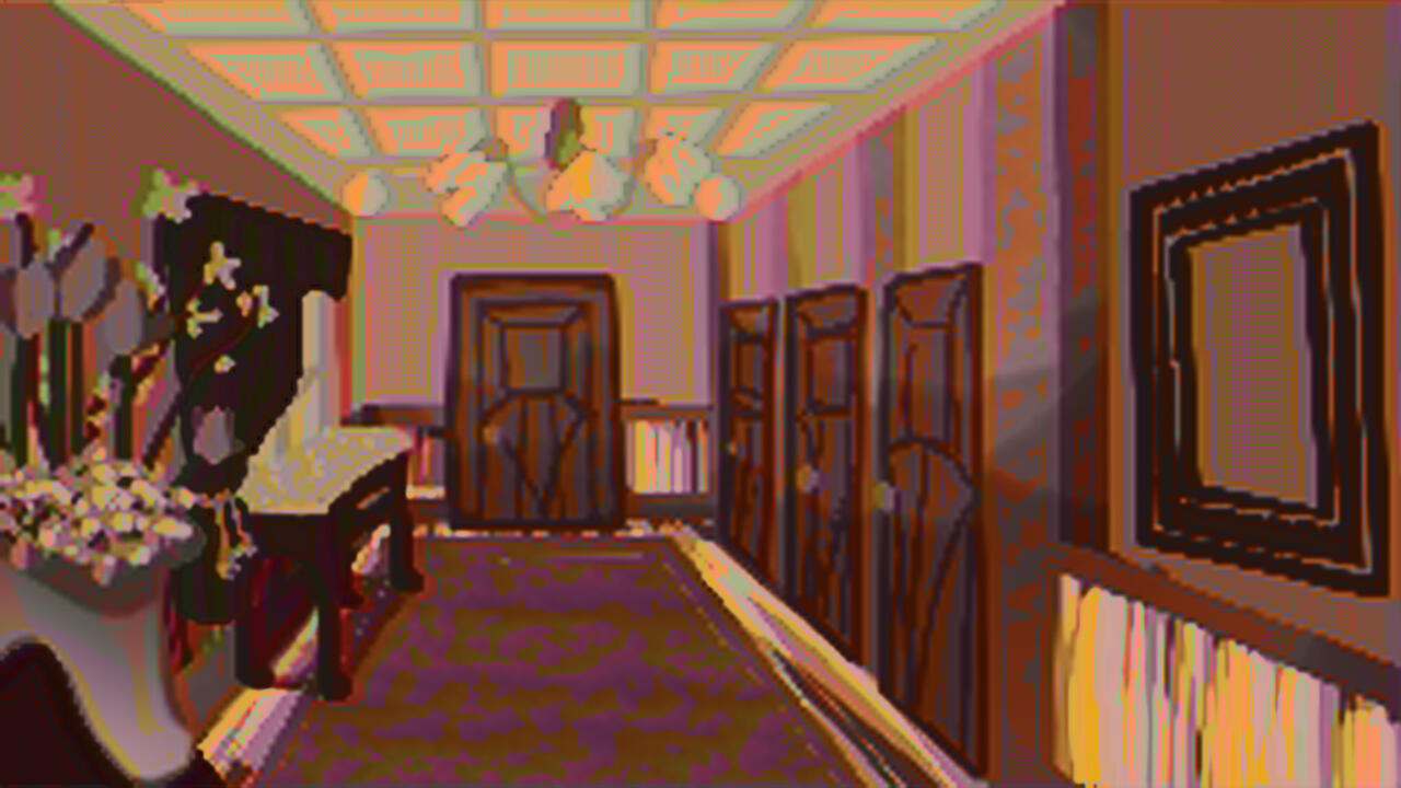 An old house has three closed doors on the right, another closed door before the viewer, and a window to the left. Before the window is a vase with Jasmine, baby's breathe, and crocuses.