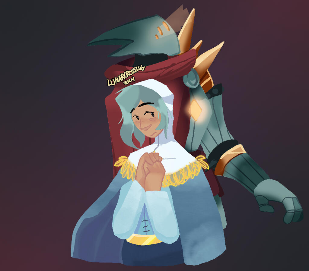 An acolyte, with hands clasped, is standing before an armored knight. The acolyte looks back to the knight who is looking off to the side.