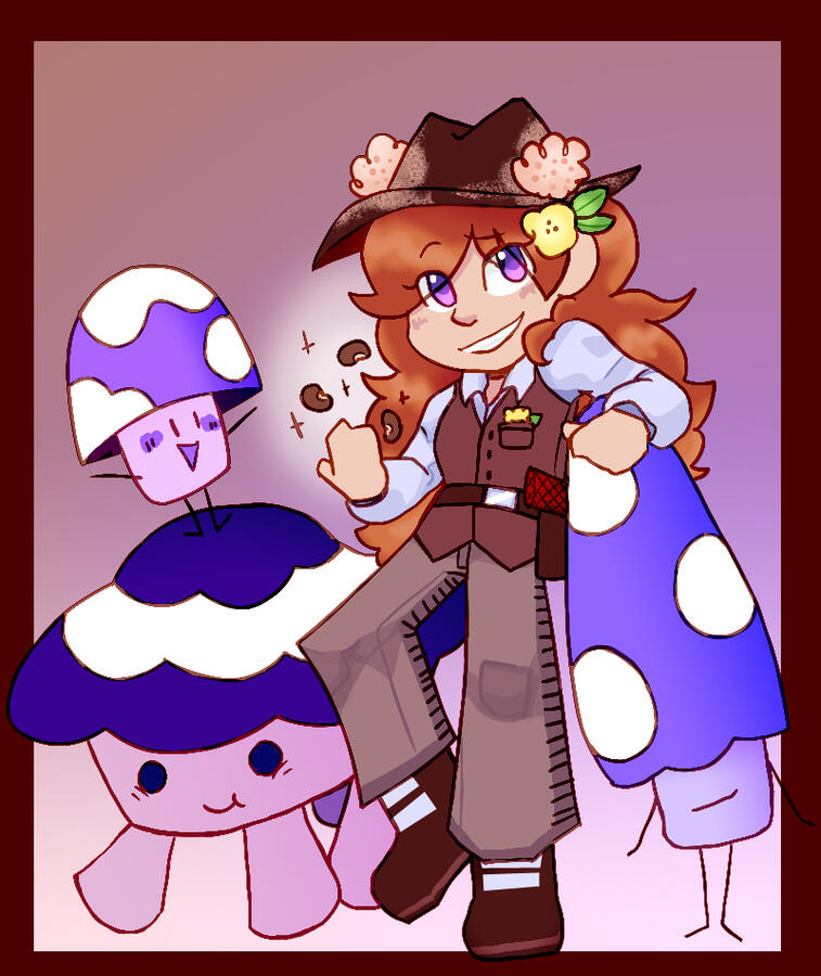 A beanslinger, West of Loathing OC leans against a large mushroom pal. There are two other large mushrooms to her left.