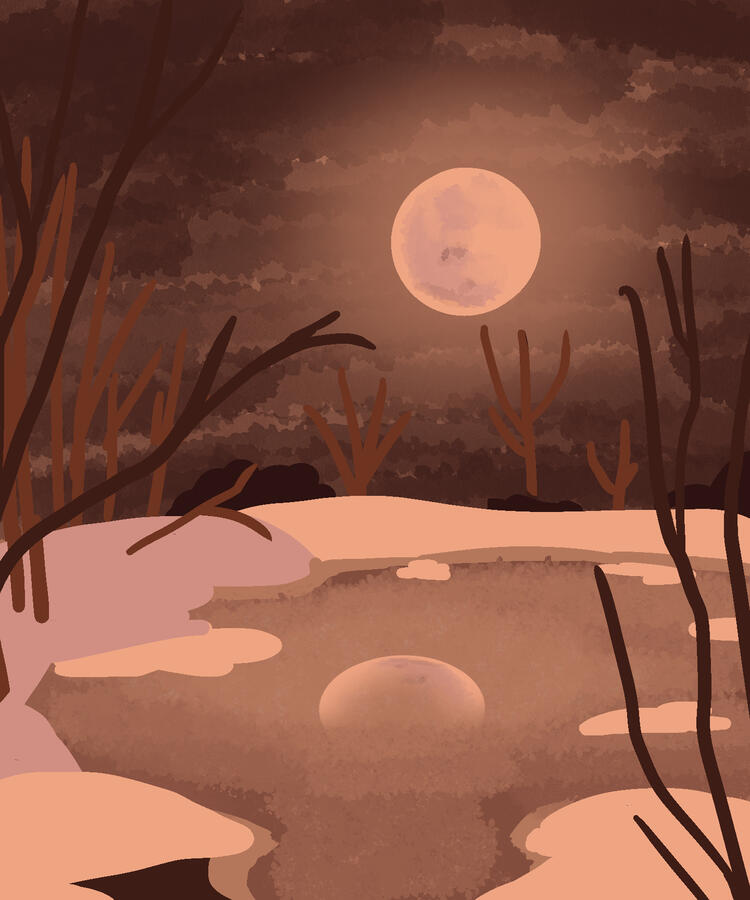 A sepia-tone painting of the moon over a frozen lake is seen. Patches of snow can be found along the rim of the lake.