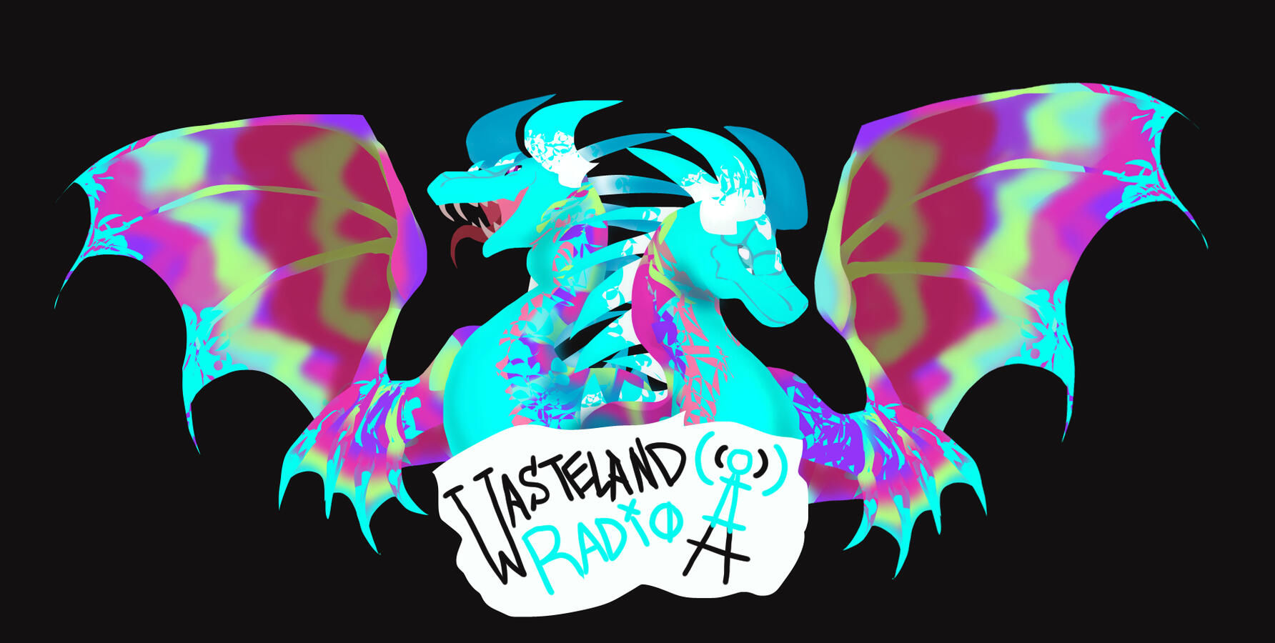 Two banescales are back to back with the logo of "Wasteland Radio" in front of them. Each Dragon has one wing extended outwards to show off the poison genes.