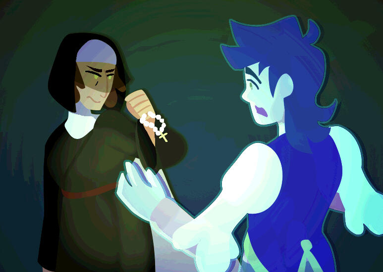 The ghostly protagonist and the tritagonist meet. The tritagonist is a nun holding up a rosary to keep away the protagonist. The nun's expression is serious and lowered. The protagonist has their palms raised up and tries to communicate with her.