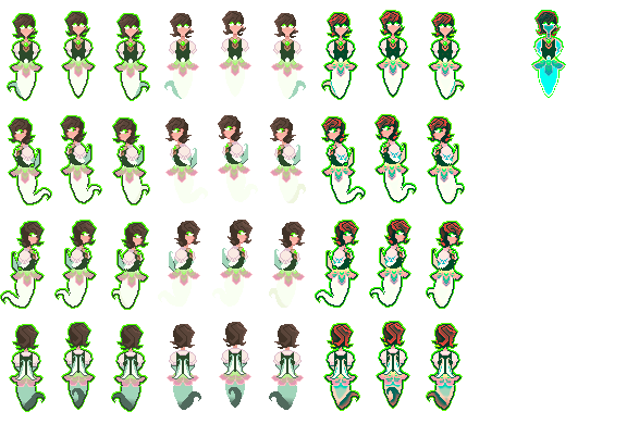 The Rule of Three antagonist sprite sheet. His upper half is a human and his lower half is a flower themed ghost.