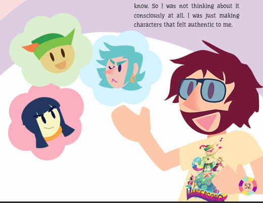 Greg Lobanov, the creator of Wandersong, gestures to the main characters on the left side of the page. From left to right, there's Audrey, Kiwi, and Miriam within their own thought bubbles.