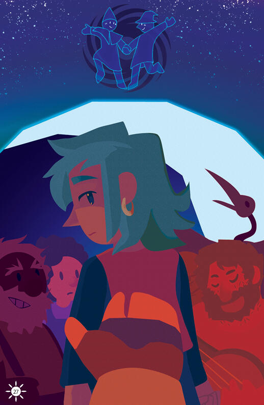 The wayfarer and the witch are dancing in step above the enlarged moon. The citizens of Lumber town gather and stare at Miriam in the middle. Miriam is looking back at the viewer, who holds out their gloved hand, as this is the bard's pov.