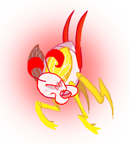 A large, aphid-like creature is in midflight, with her head down and thorax up. There is a glare to her face and she has small hands on her forearms. This ghost lacks a third pair of legs.