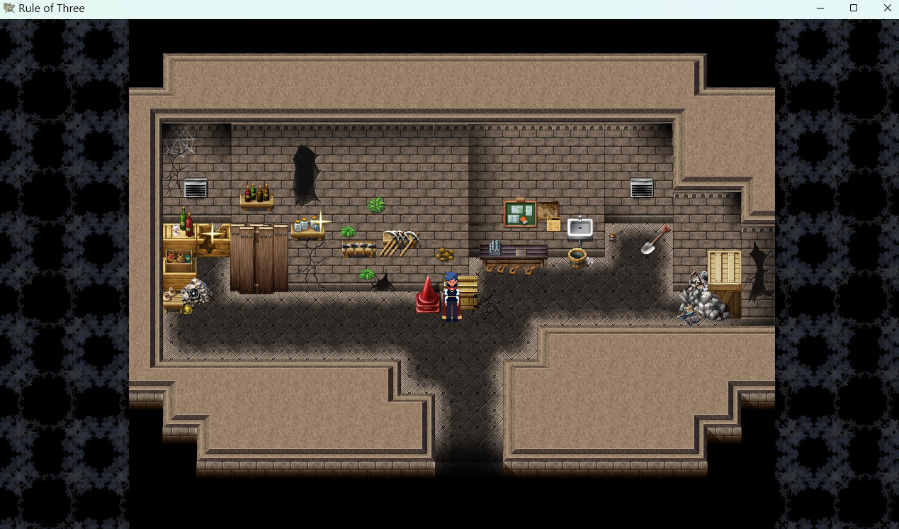 The cloaked protagonist is in a decaying supply room for a mine. From left to right, a collection of boxes with a sparkle on the destroyed on. Wooden supports, wine bottles on a shelf, chemicals on a shelf, hammers, pickaxes, mining supplies and rubble.