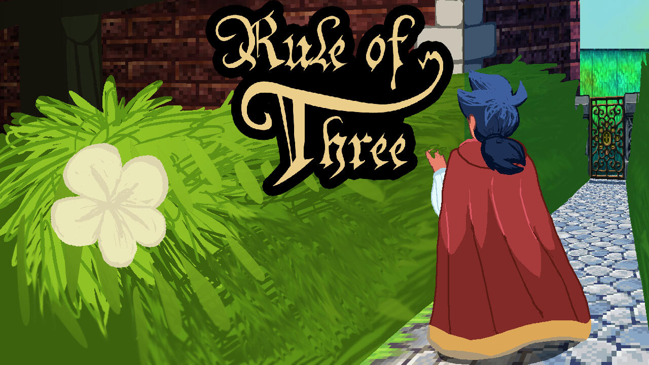 Rule of Three Title Screen. An Oleander is focused in the foreground as an individual, with their back turned from the view, touches the bush as they walk down the cobblestone pathway. At the end of the pathway is an iron gate, adjacent to a brick manor.