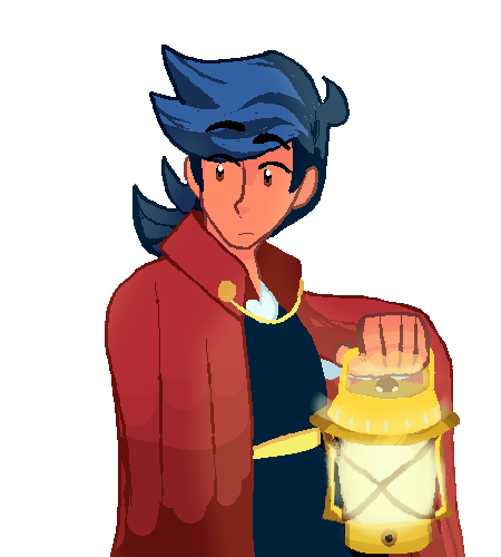 An individual in a heavy cloak, looks inquisitively to their left. The cloak has a chain clasp on the collar. Their left arm raises up a lit lantern. Their medium length hair is tied in a loose ponytail. Their corset has a thin belt placed below their ster