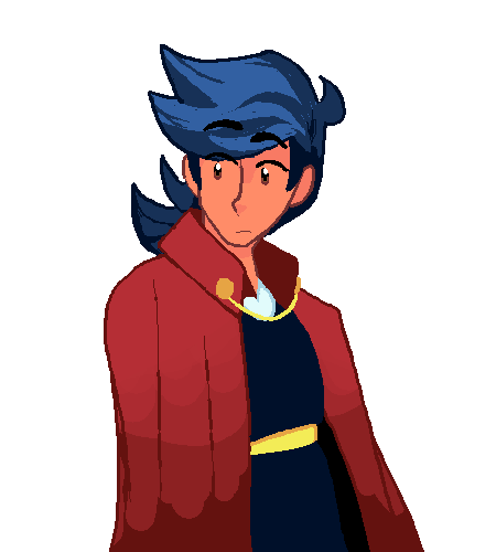 An individual in a heavy cloak, looks inquisitively to their left. The cloak has a chain clasp on the collar and drapes over their arms. Their medium length hair is tied in a loose ponytail. Their corset has a thin belt placed below their sternum.