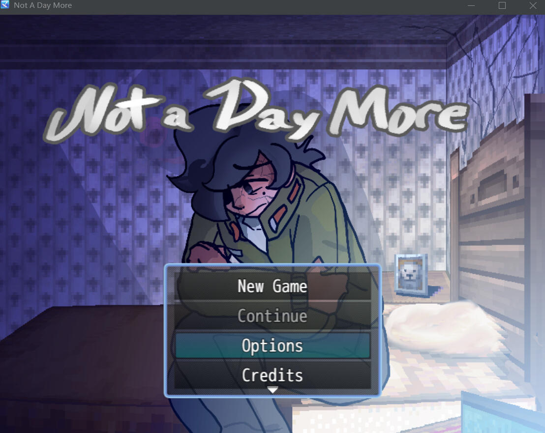 The title reads "Not A Day More" on top. There is the protagonist hunched over on the bed. The light of their alarm clock casts a shadow that takes form of a monster.