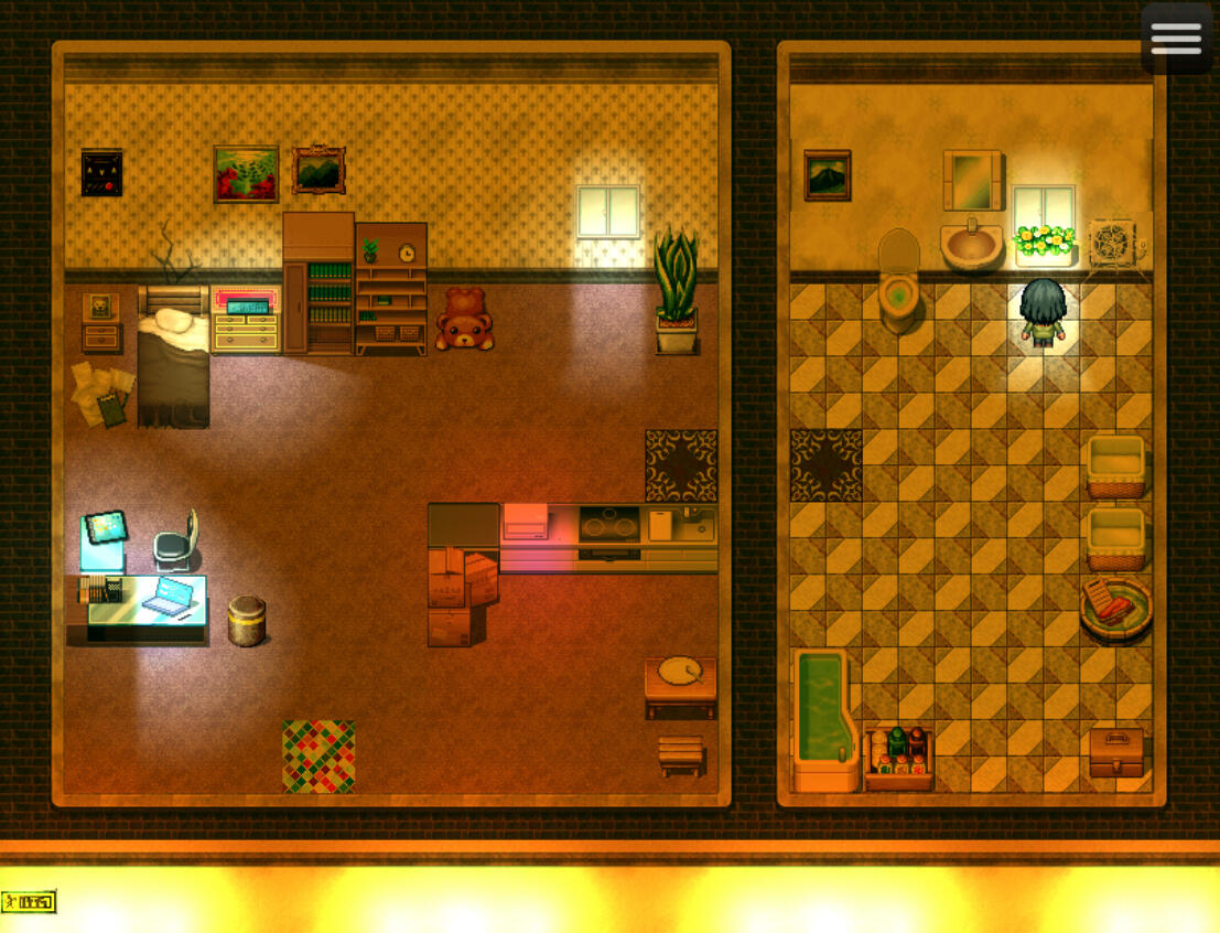 A small apartment is shown with the protagonist looking out the bathroom window. Away from the bathroom, on the left, is the apartment room. The space is an open concept based with a bed, window, office, and kitchen all in the same room.