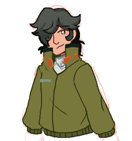 An androgynous protagonist looks at the viewer with a careful smile. They have a large coat on with a buckle around the collar. Their dark hair is parted so it covers their right eye.